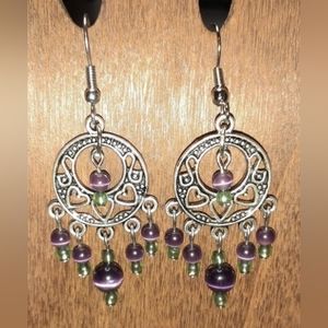 💥 HANDMADE Purple & Green Heart Dreamcatcher Cat's Eye Beaded Dangle Earrings